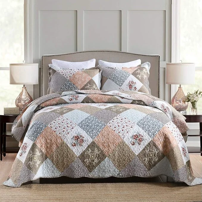 Natural Travan 3-Piece Queen Quilt Set Quilted Bedspread Lightweight Reversible Coverlet Set Floral Printed Quilted Bedding Set with Shams for All Season Brown Floral Queen Size Classic