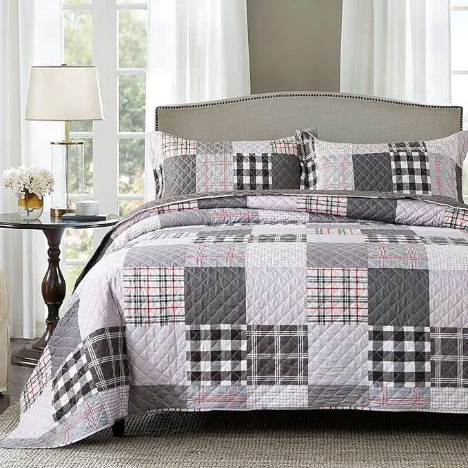 Dependable Travan Quilt Set 3-Piece Oversized Quilted Bedspread Coverlet Set Grey European British Grid Patchwork Bedding Set Queen Size Breathable