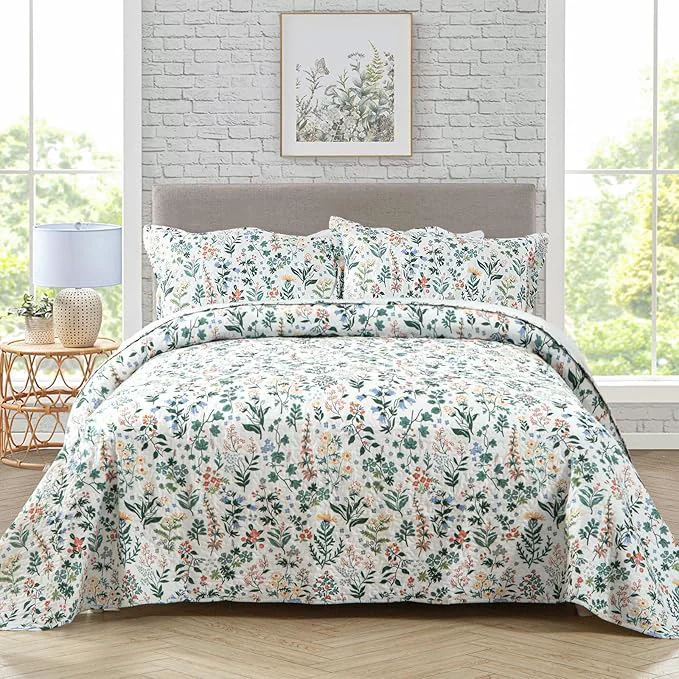 Effective Travan 3-Piece Quilt Set Quilted Bedspread Lightweight Coverlet Set Garden Style Floral Printed Oversized Quilted Bedding Set with Shams for All Season Exquisite Queen Size Modern