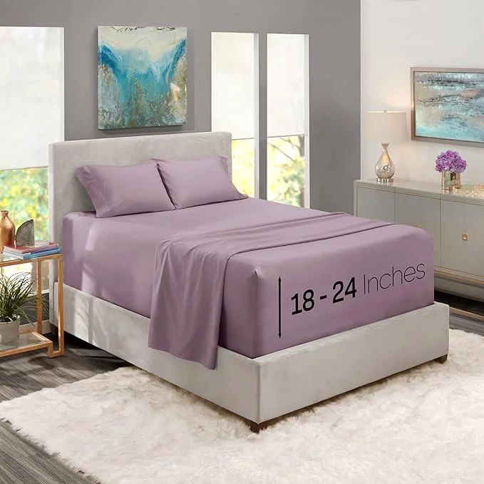 Dependable Nestl California King Size Sheet Set 4 Piece Extra Deep Pocket 18-24 inches Microfiber Hotel Luxury Soft Breathable Wrinkle- Easy to Care Dusty Purple Certified