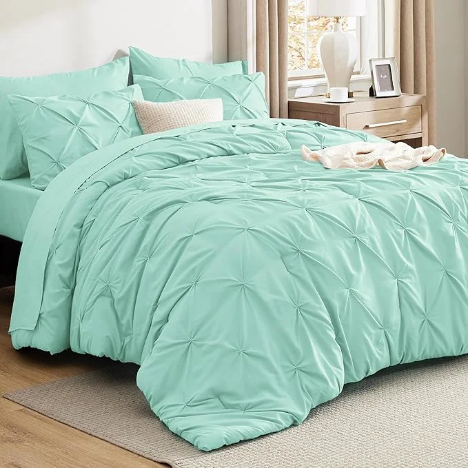 Crafted Bedsure California King Comforter Set – Bed in a Bag Cal King Bedding Set 7 PCS GentleSoft™ Pintuck Bed Set Gift for Family Pinch Pleat Mint Green Comforter with Sheets Pillowcases amp Shams Premium Material