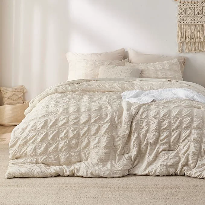 Refined Bedsure Bed in a Bag Twin – 5 Pieces Plaid Seersucker Bedding Comforter Sets Soft Lightweight Beige Boho Bed Set with Comforters Twin Size Sheets Pillowcase amp Sham Certified