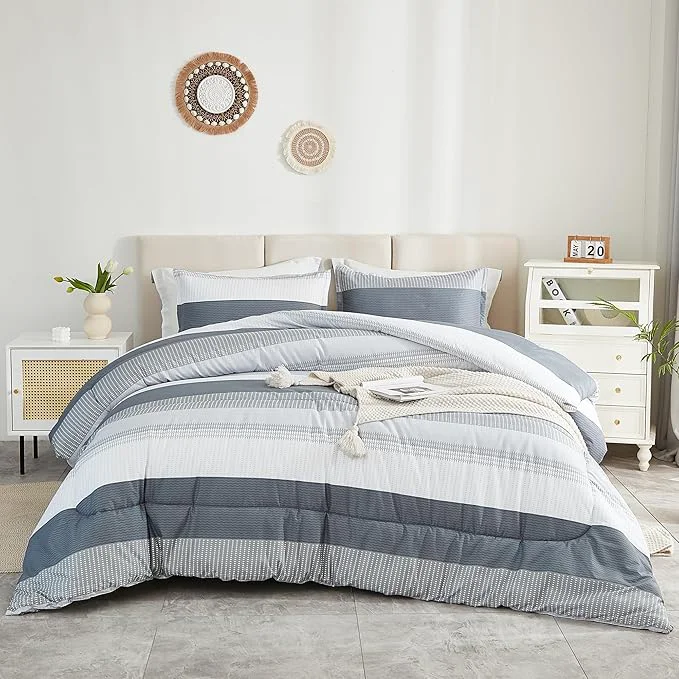 Traditional Litanika Comforter King Size Bed Set Light Grey – 3 Pieces Lightweight Bedding Comforter Sets Gray White Colorblock Stripe Fluffy All Season Bed Set Practical