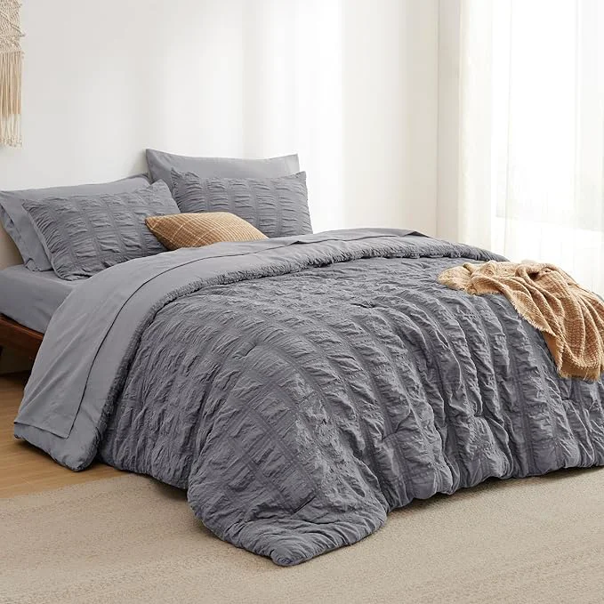 Bedsure Bed in a Bag Full – 7 Pieces Plaid Seersucker Bedding Comforter Sets Soft Lightweight Grey Boho Bed Set with Comforters Full Size Sheets Pillowcases amp Shams Pure