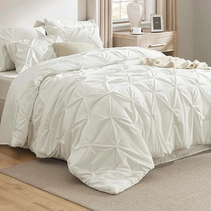 Long-Lasting Bedsure Queen Comforter Set Ivory – Bed in a Bag Queen Size Bedding 7 Pieces GentleSoft™ Pintuck Bed Set Gift for Family Pinch Pleat All Season Comforter with Sheets Pillowcases amp Shams Fine