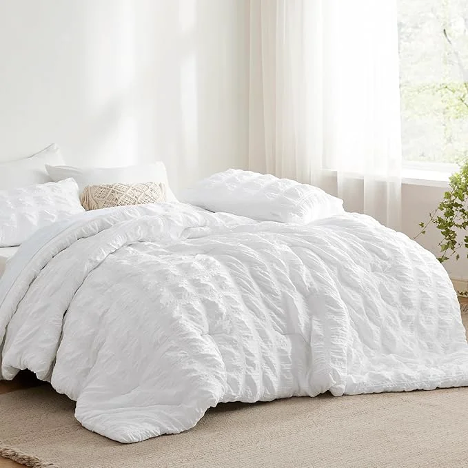 Official Bedsure Plaid Seersucker Comforter Sets Twin Size Bed 5 Piece Soft Lightweight White Bedding All Season Twin Bed in a Bag Set with Comforters Sheets Pillowcases amp Shams Pure