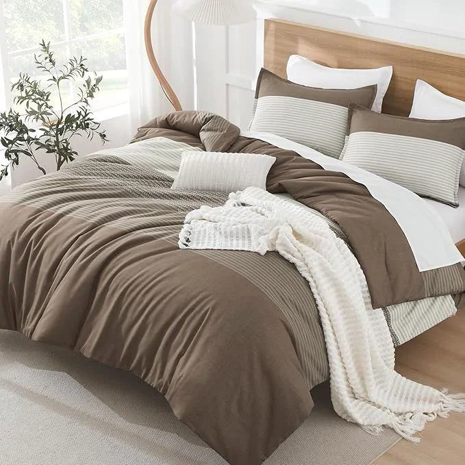Fine Litanika Comforter Set Queen Size Coffee – 3 Pieces Lightweight Colorblock Stripe Fluffy Bedding Comforter Sets All Season Bed Set Healthy