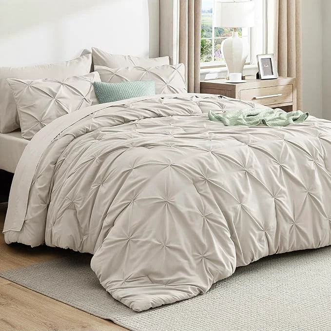 Fast Bedsure Queen Comforter Set Linen – Bed in a Bag Queen Size Bedding 7 Pieces GentleSoft™ Pintuck Bed Set Gift for Family Pinch Pleat All Season Comforter with Sheets Pillowcases amp Shams Genuine
