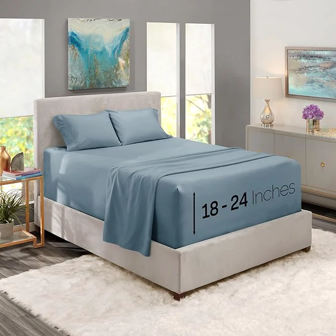 Proven Nestl Full Size Sheet Set 4 Piece Extra Deep Pocket 18-24 inches Microfiber Hotel Luxury Soft Breathable Wrinkle- Easy to Care Stone Blue High-End