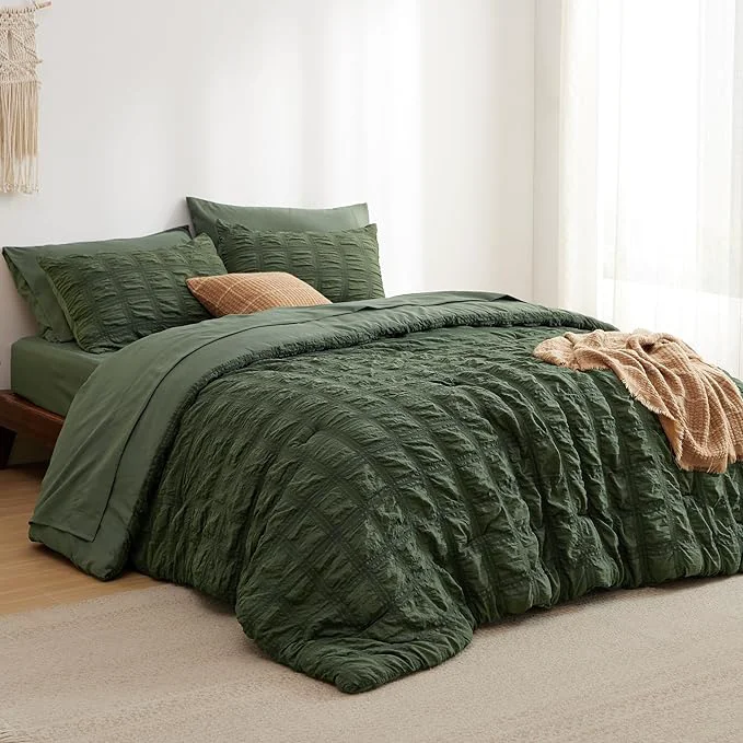 Outstanding Bedsure Bed in a Bag Full – 7 Pieces Plaid Seersucker Bedding Comforter Sets Soft Lightweight Olive Green Boho Bed Set with Comforters Full Size Sheets Pillowcases amp Shams Efficient