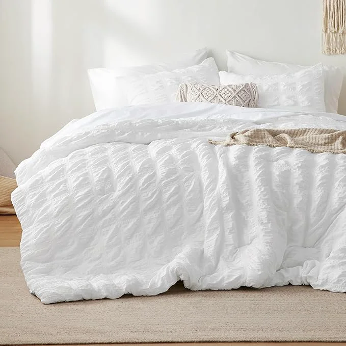 Trusted Bedsure Bed in a Bag Queen – 7 Pieces Plaid Seersucker Bedding Comforter Sets Soft Lightweight White Boho Bed Set with Comforters Queen Size Sheets Pillowcases amp Shams Organic