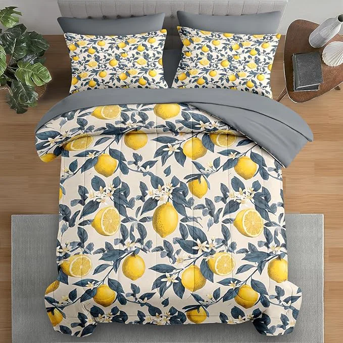 Easy-to-Use Comforter Set Full Size Fruit Lemons Blue 7 Pcs Bedding for Kids and Adults Leaves Brown Flower Bed Sheet Sets with Fitted Sheet 2 Pillowcase amp 2 Sham for Bedroom Bed Decor Durable