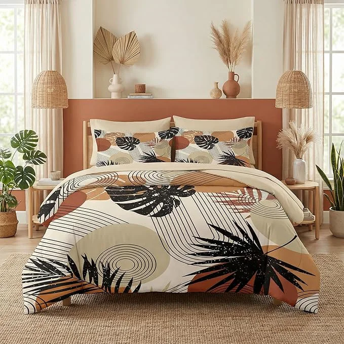 First-Class Comforter Set King Size Boho Retro Leaves Beige 7 Pcs Bedding Set for Kids and Adults Bohemian Tropical Flower Bed Sheet Sets with Fitted Sheet 2 Pillowcase amp 2 Sham for Bedroom Bed Decor Fine Crafted
