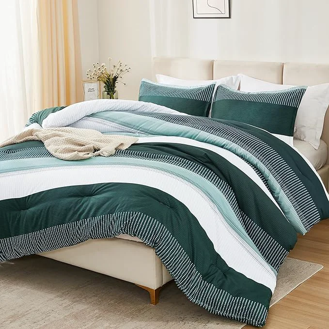 Casual Litanika Dark Emerald Green California King Comforter Set – 3 Pieces Cal King Oversized Lightweight Summer Colorblock Stripe Bedding Set 104x96In 2 Pillowcases Next-Generation
