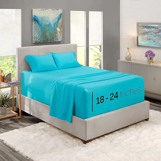 Nestl Twin XL Size Sheet Set 4 Piece Extra Deep Pocket 18-24 inches Microfiber Hotel Luxury Soft Breathable Wrinkle- Easy to Care Bright Blue Trendy
