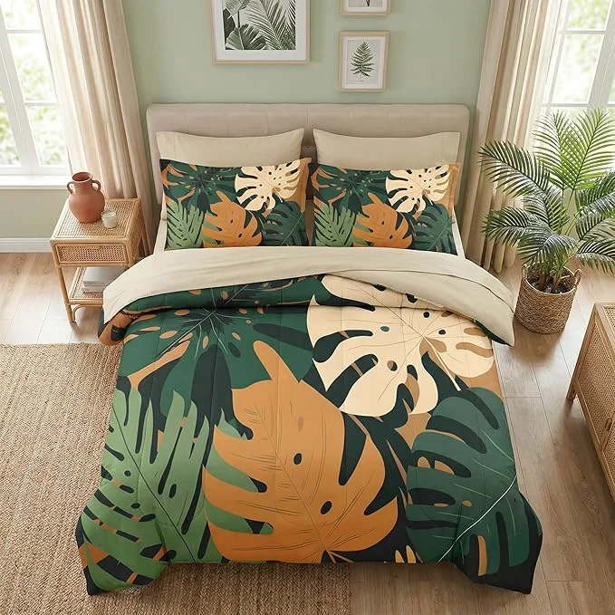 Detailed Comforter Set Full Size Boho Monstera Leaves 7 Pcs Bedding for Kids and Adults Bohemian Plant Summer Bed Sheet Sets with Fitted Sheet 2 Pillowcase amp 2 Sham for Bedroom Bed Decor Dependable