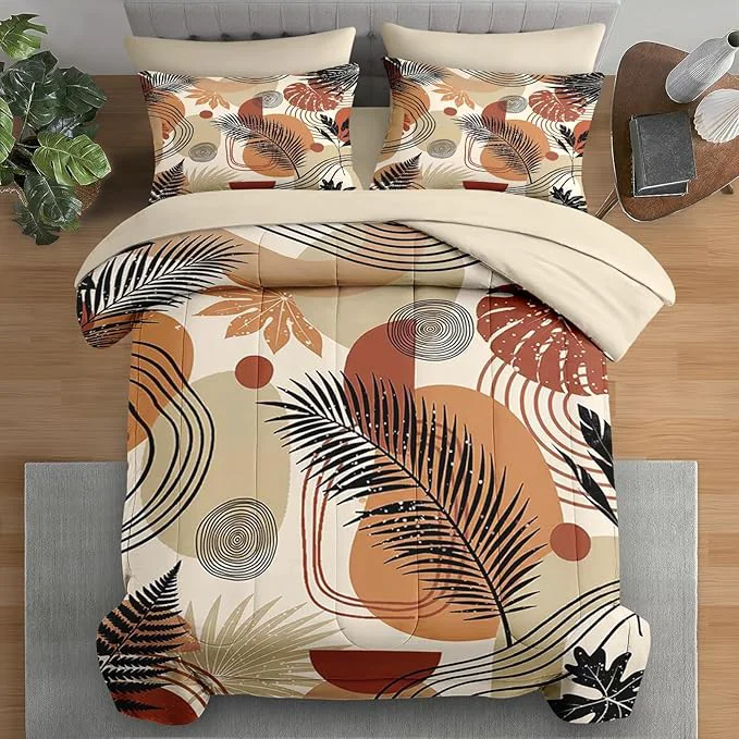 Organic Comforter Set Twin Size Boho Tropical Leaves Beige 5 Pcs Bedding for Kids and Adults Bohemian Retro Flower Bed Sheet Sets with Fitted Sheet Pillowcase amp Sham for Bedroom Bed Decor Effective