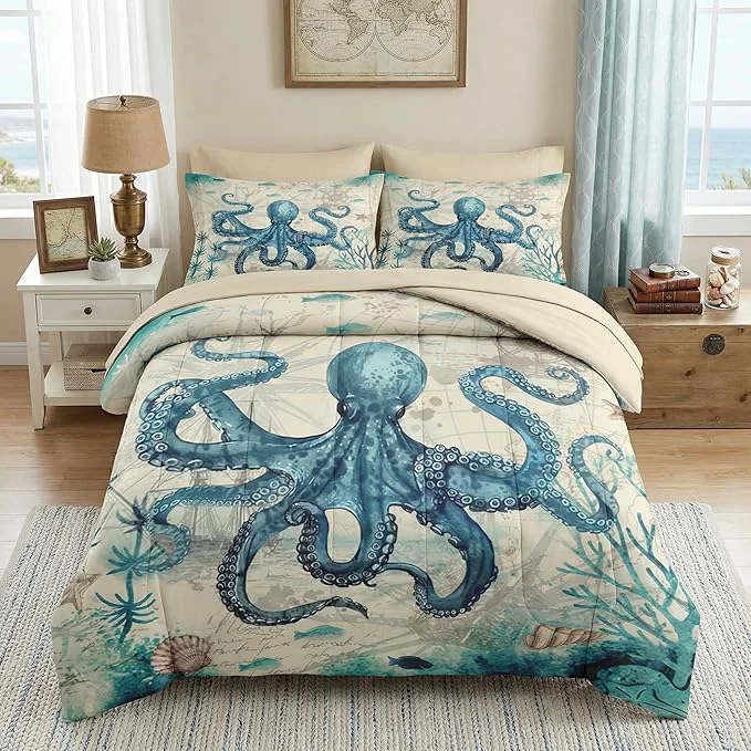 Fashionable Comforter Set Twin Size Octopus Beach 5 Pcs Bedding for Kids and Adults Summer Sea Animal Bed Sheet Sets with Fitted Sheet Pillowcase amp Sham for Bedroom Bed Decor Contemporary