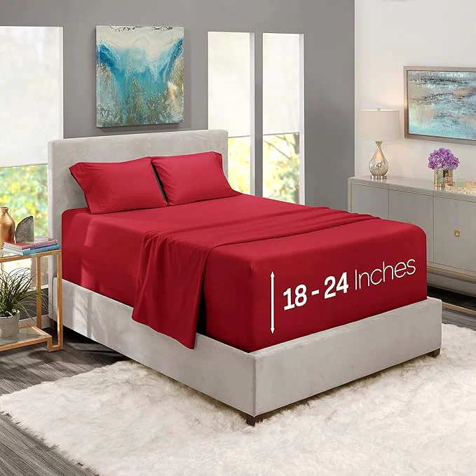 Green Nestl Full Size Sheet Set 4 Piece Extra Deep Pocket 18-24 inches Microfiber Hotel Luxury Soft Breathable Wrinkle- Easy to Care Burgundy Red Stylish