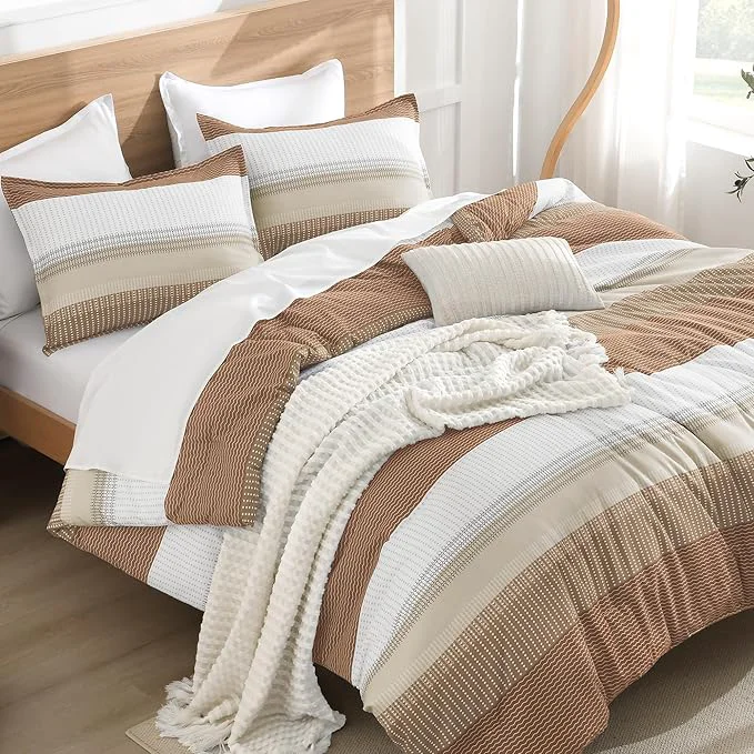 Carefully Designed Litanika Full Size Comforter Sets Beige 3 Pieces Lightweight Taupe Khaki White Colorblock Stripe Fluffy Bedding Comforter Sets All Season Bed Set Soft