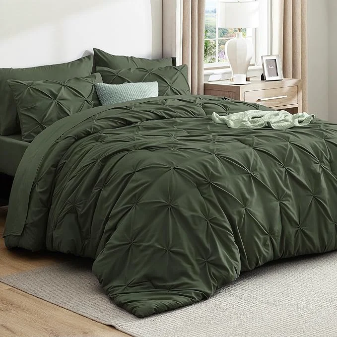 Secure Bedsure Oversized King Comforter Set Olive Green – Bed in a Bag Bedding Set 7 Pieces GentleSoft™ Pintuck Bed Set Gift for Family Pinch Pleat Olive Green Comforter with Sheets Pillowcases amp Shams Effective