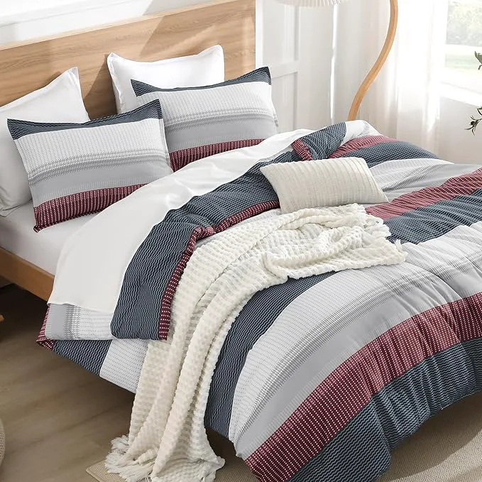 Unique Litanika Comforter Set King Size Red Blue – 3 Pieces Lightweight Colorblock Stripe Fluffy Bedding Comforter Sets All Season Bed Set Functional