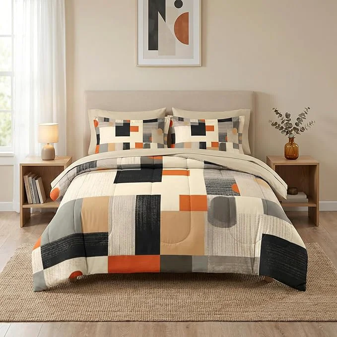 Expertly Made Comforter Set Twin Size Geometric Painting Contemporary 5 Pcs Bedding for Kids and Adults Orange Gray Bed Sheet Sets with Fitted Sheet Pillowcase amp Sham for Bedroom Bed Decor Crafted