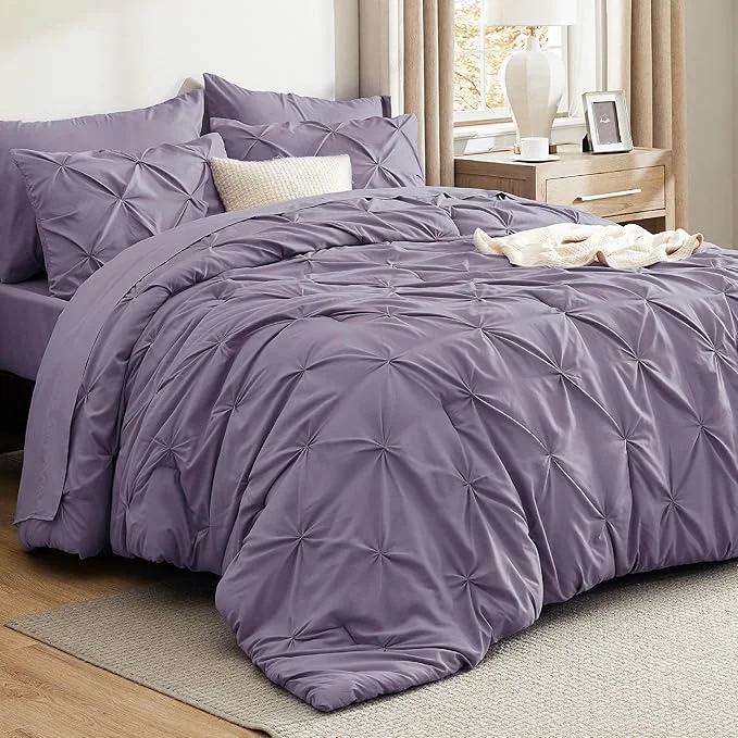 Sustainable Bedsure King Size Comforter Set Grayish Purple – Bed in a Bag Bedding Set 7 Pieces GentleSoft™ Pintuck Bed Set Gift for Family Pinch Pleat Grayish Purple Comforter with Sheets Pillowcases amp Shams Certified