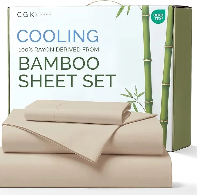 Clean Rayon Derived From Bamboo – Bamboo Sheets Twin XL Size – Cooling Sheets for Twin XL – Soft Breathable amp Hotel Luxury Bedding – 1 Flat amp 1 Fitted amp 1 Pillowcase w 16 Inch Deep Pockets – Wheat High-End