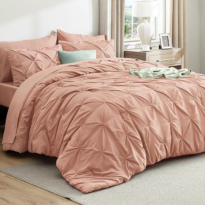 Pure Bedsure California King Comforter Set Dusty Pink – Bed in a Bag California King 7 Pieces GentleSoft™ Pintuck Bed Set Gift for Family Pinch Pleat Dusty Pink Comforter with Sheets Pillowcases amp Shams Modern
