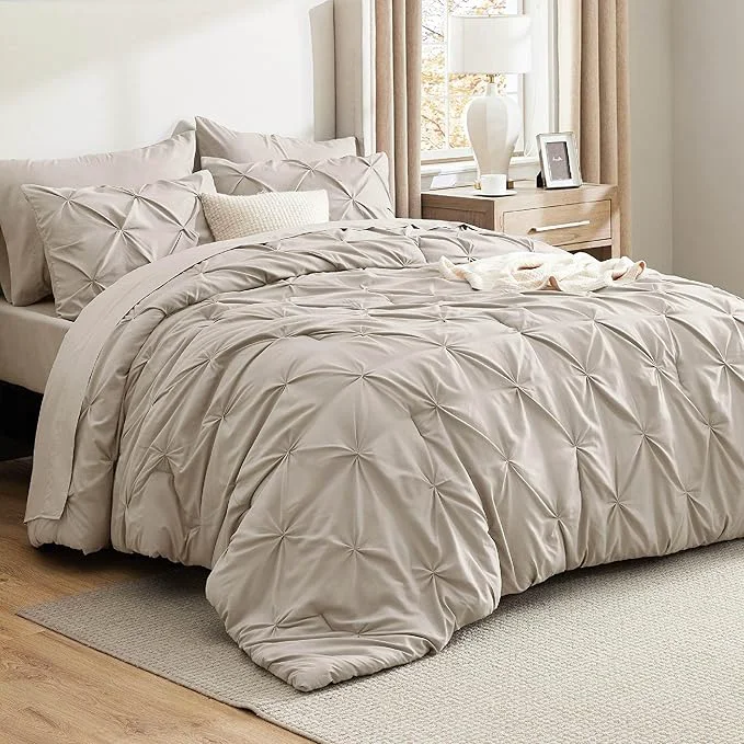 Certified Bedsure Oversized Queen Comforter Set Beige – Bed in a Bag Bedding Set 7 Pieces GentleSoft™ Pintuck Bed Set Gift for Family Pinch Pleat All Season Comforter with Sheets Pillowcases amp Shams Carefully Designed