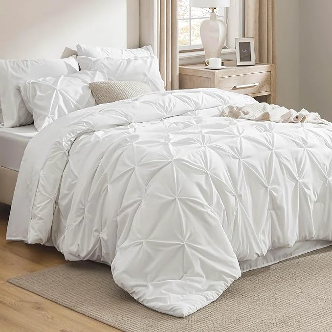 Exceptional Bedsure Queen Comforter Set White – Bed in a Bag Queen Size Bedding 7 Pieces GentleSoft™ Pintuck Bed Set Gift for Family Pinch Pleat All Season Comforter with Sheets Pillowcases amp Shams Authentic