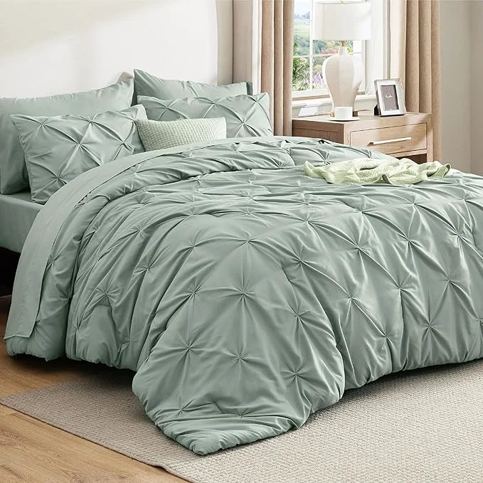 Durable Bedsure Oversized King Comforter Set Sage Green – Bed in a Bag Bedding Set 7 Pieces GentleSoft™ Pintuck Bed Set Gift for Family Pinch Pleat Sage Green Comforter with Sheets Pillowcases amp Shams High-Grade
