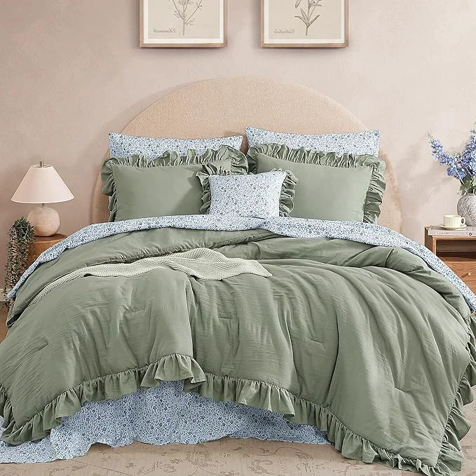 Premium Full Comforter Set – 7 Pieces Ruffle Sage Green Bedding Sets Shabby Chic Farmhouse Bed in a Bag Full with Ruffle Comforter Floral Sheets Pillowcases amp Shams Trendy