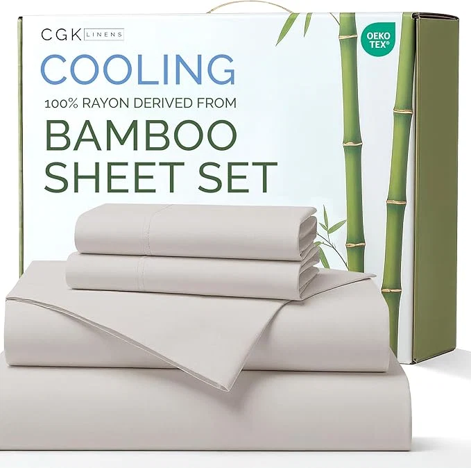 High-End Rayon Derived From Bamboo – Bamboo Sheets Full Size – Cooling Sheets for Full – Soft Breathable amp Hotel Luxury Bedding – 1 Flat amp 1 Fitted amp 2 Pillowcases w 16 Inch Deep Pockets – Light Grey Recyclable