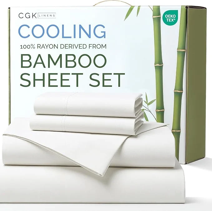 Original Design Rayon Derived From Bamboo – Bamboo Sheets Full Size – Cooling Sheets for Full – Ultra Soft Breathable amp Hotel Luxury Bedding – 1 Flat amp 1 Fitted amp 2 Pillowcases w 16 Inch Deep Pockets – White Detailed