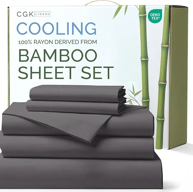 Fast Bed Sheets Split King Size – Cooling Sheets for Split King – Rayon Derived from Bamboo – Ultra Soft Hotel Luxury Bedding – 1 Flat amp 1 Fitted amp 2 Pillowcases w 16 Inch Deep Pockets – Dark Grey Fashionable
