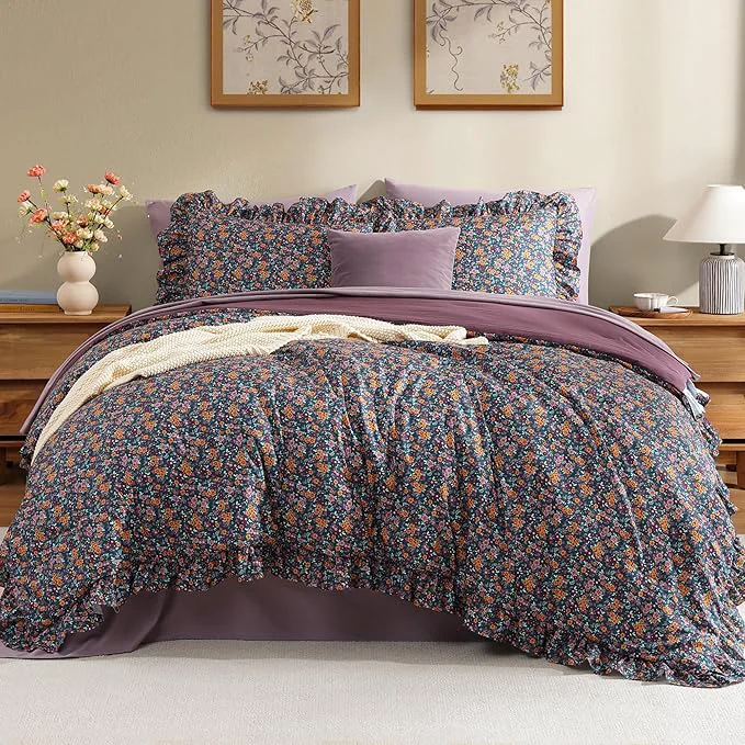 Original King Comforter Set – 7 Pieces Ruffle Purple Ditzy Bedding Sets Shabby Chic Farmhouse Bed in a Bag with Ruffle Comforter Sheets Pillowcases amp Shams Recyclable