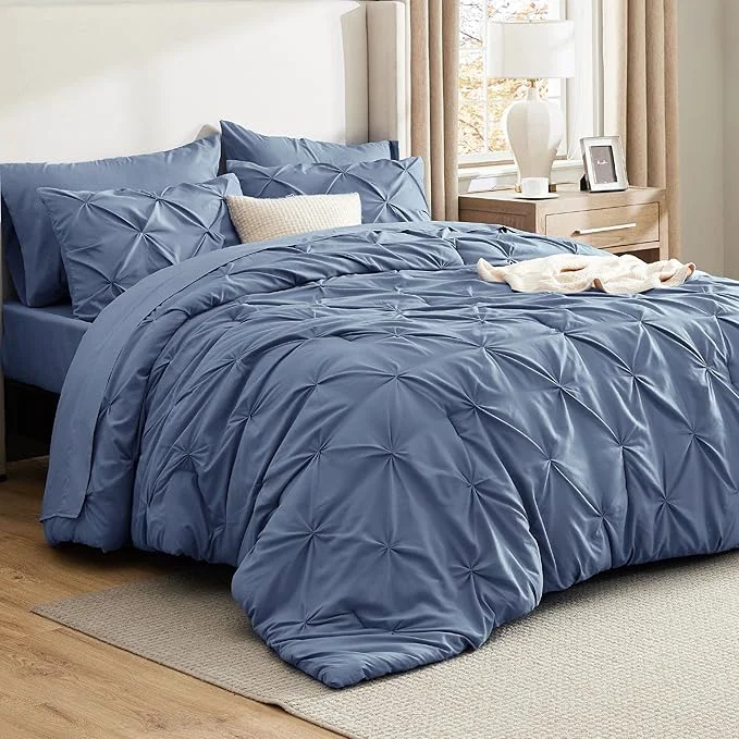 Secure Bedsure King Size Comforter Set Slate Blue – Bed in a Bag Bedding Set 7 Pieces GentleSoft™ Pintuck Bed Set Gift for Family Pinch Pleat Slate Blue Comforter with Sheets Pillowcases amp Shams High-Quality