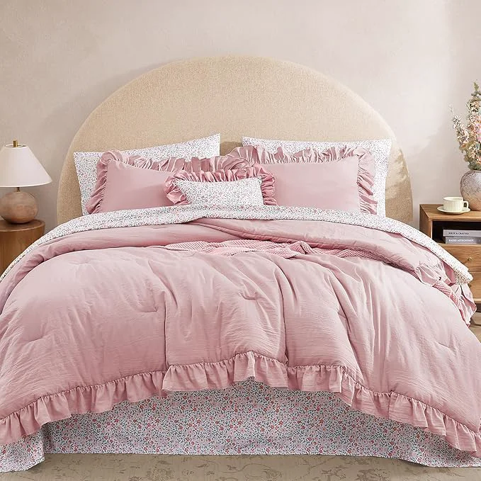 Carefully Designed Full Comforter Set – 7 Pieces Ruffle Soft Pink Bedding Sets Shabby Chic Farmhouse Bed in a Bag Full with Ruffle Comforter Floral Sheets Pillowcases amp Shams Certified