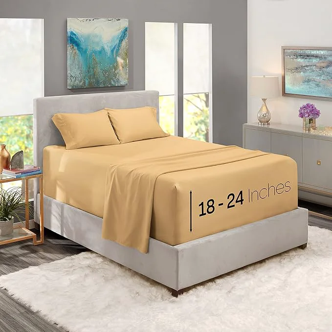 Green Nestl Full Size Sheet Set 4 Piece Extra Deep Pocket 18-24 inches Microfiber Hotel Luxury Soft Breathable Wrinkle- Easy to Care Camel Gold User-Friendly