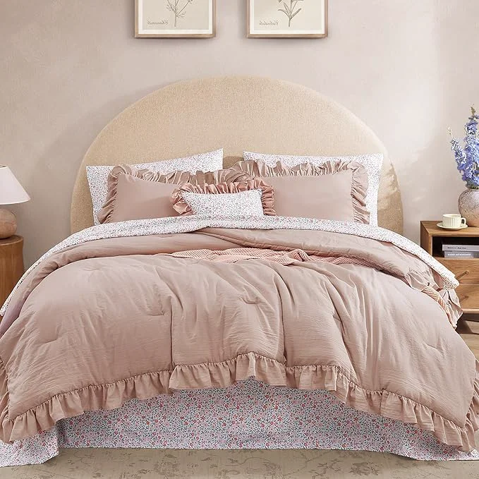 Unique Queen Comforter Set – 7 Pieces Ruffle Pink Bedding Sets Shabby Chic Farmhouse Bed in a Bag Queen with Ruffle Comforter Floral Sheets Pillowcases amp Shams Soft