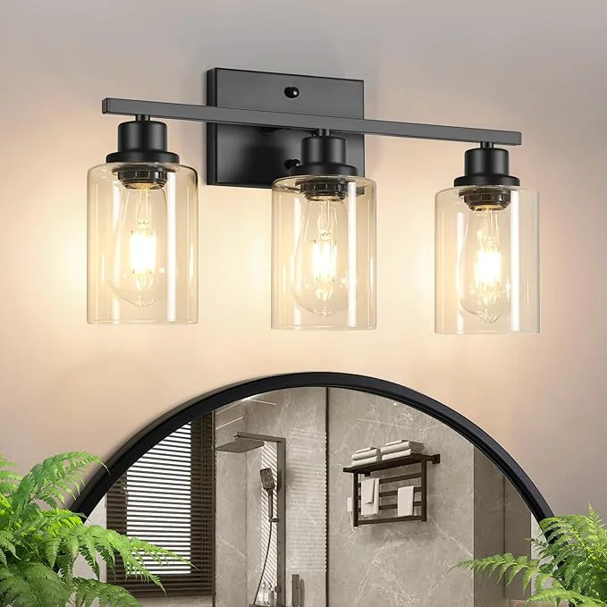 Natural Ascher Bathroom Light Fixtures 3-Light Vanity Light Over Mirror Matte Black High-End