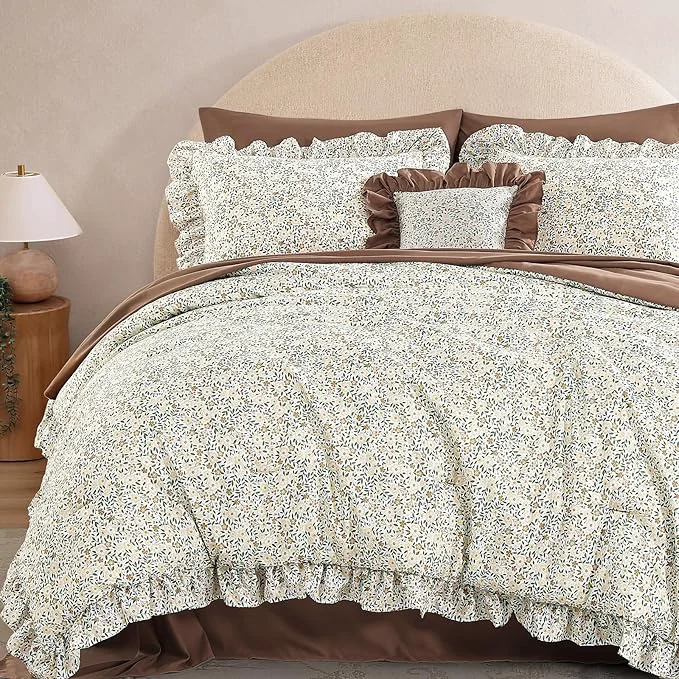 Practical Queen Comforter Set – 7 Pieces Ruffle Beige Ditzy Bedding Sets Shabby Chic Farmhouse Bed in a Bag Queen with Floral Comforter Sheets Pillowcases amp Shams Fashionable