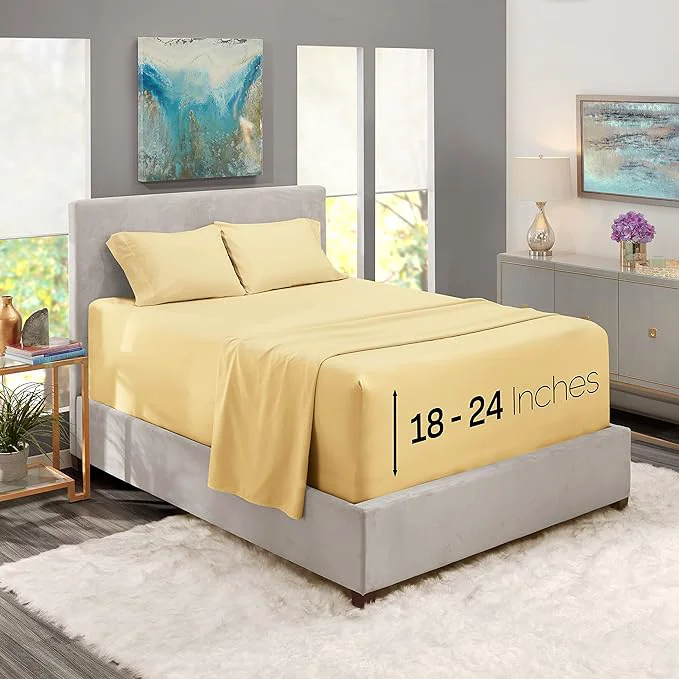 Recyclable Nestl King Size Sheet Set 4 Piece Extra Deep Pocket 18-24 inches Microfiber Hotel Luxury Soft Breathable Wrinkle- Easy to Care Vanilla Yellow Long-Lasting