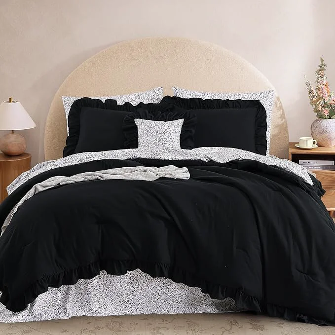 Soft Full Comforter Set – 7 Pieces Ruffle Black Bedding Sets Shabby Chic Farmhouse Bed in a Bag Full with Ruffle Comforter Floral Sheets Pillowcases amp Shams Clean