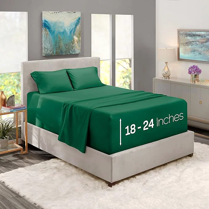 Eco-Friendly Nestl California King Size Sheet Set 4 Piece Extra Deep Pocket 18-24 inches Microfiber Hotel Luxury Soft Breathable Wrinkle- Easy to Care Dark Green High-Quality
