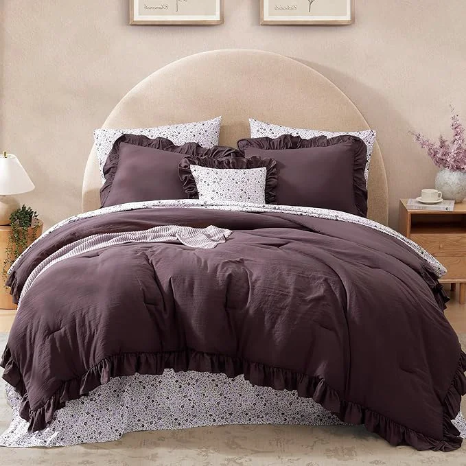 Solid Oversized King Comforter Set – 7 Pieces Ruffle Dark Purple Bedding Sets Shabby Chic Farmhouse Bed in a Bag with Ruffle Comforter Floral Sheets Pillowcases amp Shams Modern