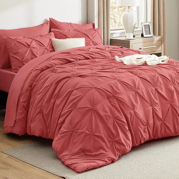 Top-Quality Bedsure California King Comforter Set – Bed in a Bag Cal King Bedding Set 7 PCS GentleSoft™ Pintuck Bed Set Gift for Family Pinch Pleat Coral Red Comforter with Sheets Pillowcases amp Shams Specialty