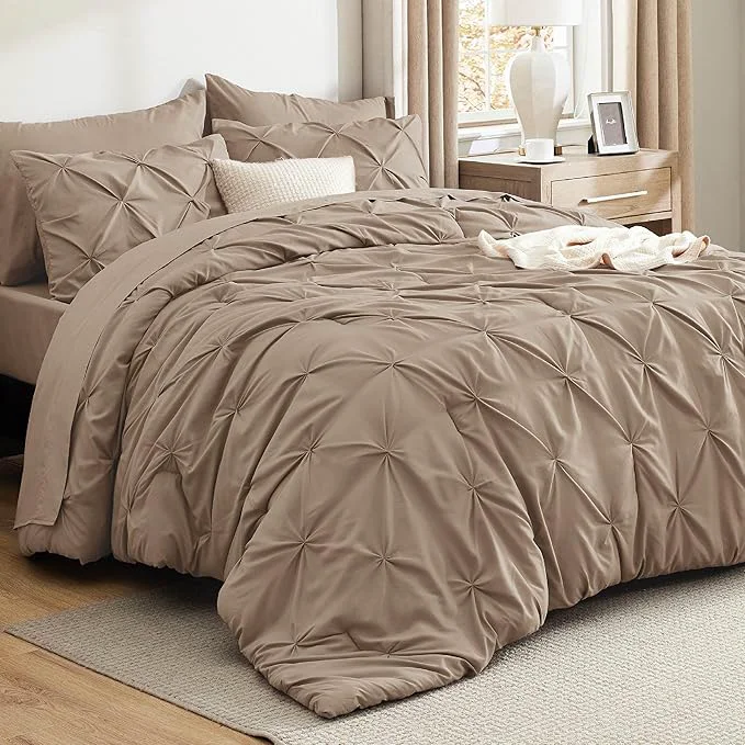 Eco-Friendly Bedsure Twin Comforter Set Khaki – Bed in a Bag Twin Size Bedding 5 Pieces GentleSoft™ Pintuck Bed Set Gift for Family Pinch Pleat Khaki Comforter with Sheets Pillowcase amp Sham Solid